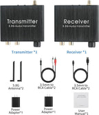 5.8GHz Wireless Audio Transmitter Receiver,164Ft/50M Long Range 18ms Low Latency, RCA / 3.5mm AUX Input/Output with Volume Adjustment Knob, Used for TV/PC/CD/Power Speaker/Soundbar/Headphones