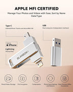 MFi Certified 128GB Flash Drive for iPhone Photo Stick, USB Thumb Drive Memory Stick High Speed USB Drive Photo Storage for iPhone Flash Drive Compatible for iPhone/iPad/Android/PC