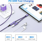 USB Type C Splitter 2 in 1 USB C Headphone and Charger Adapter Audio Dongle Cable with PD 60W Fast Charging for Samsung Galaxy A17 A16 A15 A56 S25 S24 S23 S22 S21 iPhone 17 16 15 Pro Max Pixel 10 9 8