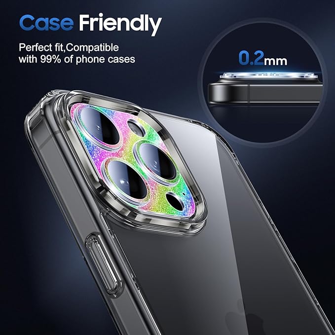 UniqueMe for 3 Pack iPhone 16 Pro/iPhone 16 Pro Max Camera Lens Protector - [Drop Protection] [Case Friendly] 9H Tempered Glass Camera Cover Screen [Update New Version] - Glitter Colorful