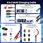 Travel Essentials 4in2 Multi Charging Cable for Apple Watch Charger,USB A/C to Dual Type C/IP/iWatch Charger,Travel Chargers for Multiple Devices Compatible with iWatch Series&iPhone 16-12（2PACK,5FT）