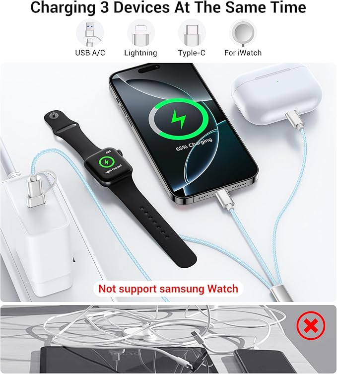 Temdan for Travel Vacation Essentials,3 in 2 USB C Cable for Apple Watch Charger/iPhone 16 Charger/Lightning,Multi Charging Cable Cord,Camping Essentials,Designed for iWatch & iPhone 16-12-4FT Blue