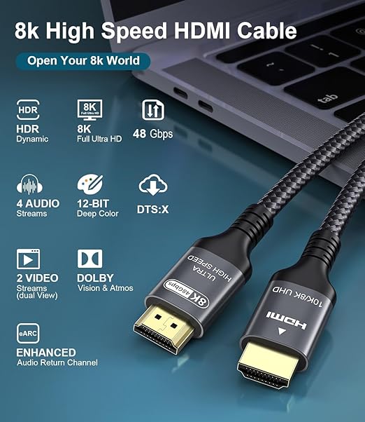 Certified 10K 8K HDMI 2.1 Cable 3.3 FT, 48Gbps Ultra High Speed HDMI Cable with Ethernet 4K 240Hz 165Hz 144Hz 120Hz 8K60Hz eARC HDCP2.3 HDR10+ PC Laptop TV Monitor Projector