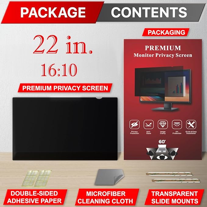 22 Inch Privacy Screen Filter for Widescreen 16:10 Monitor | Privacy Shield | Anti-Glare | Anti-Blue light Protector | Eye Protection | Computer Security Private Filter