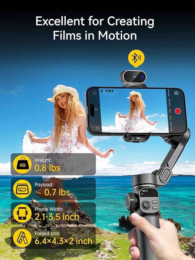 Gimbal Stabilizer for iPhone with AI Tracking Sensor, Elevate Your Filming w/7.8" Extension Rod and OLED Screen for Gimbal, iPhone Gimbal w/8.0 Stability for Sports Shooting-Smart X2 AI Black