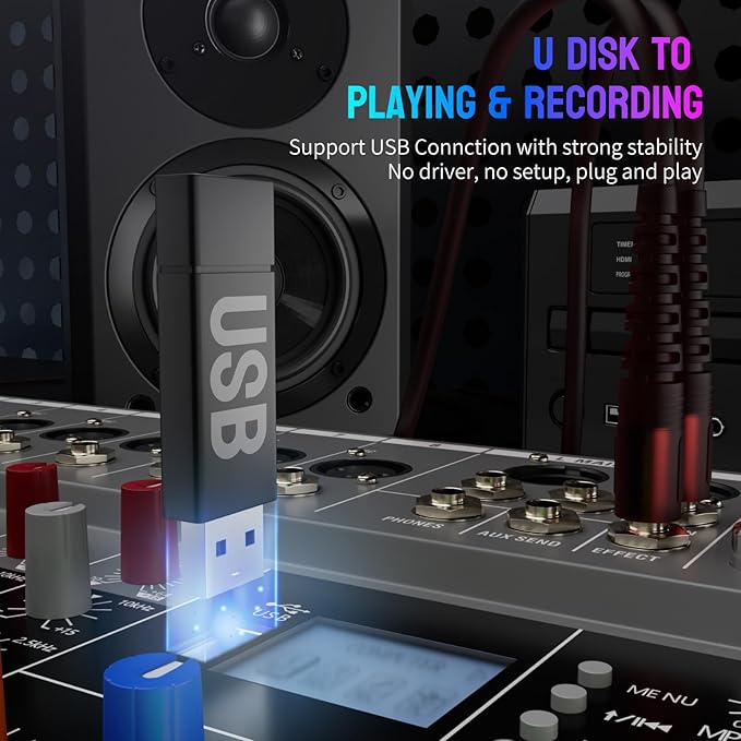 Professional DJ Audio Mixer, 12 Channel Audio Mixer, Bluetooth Sound Mixer, USB Interface, 12 XLR Mic/Line Input, AUX, FX Processor MP3, Headphone,+48V Phantom For Karaoke Studio Streaming Recording