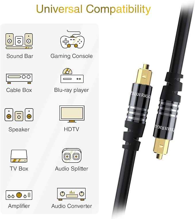 BlueRigger Digital Optical Audio Toslink Cable (10FT, Fiber Optic, Aluminum Shell, 24K Gold-Plated) - Compatible with Home Theatre, Sound Bar, TV, Xbox, PlayStation PS4 – Premium Series