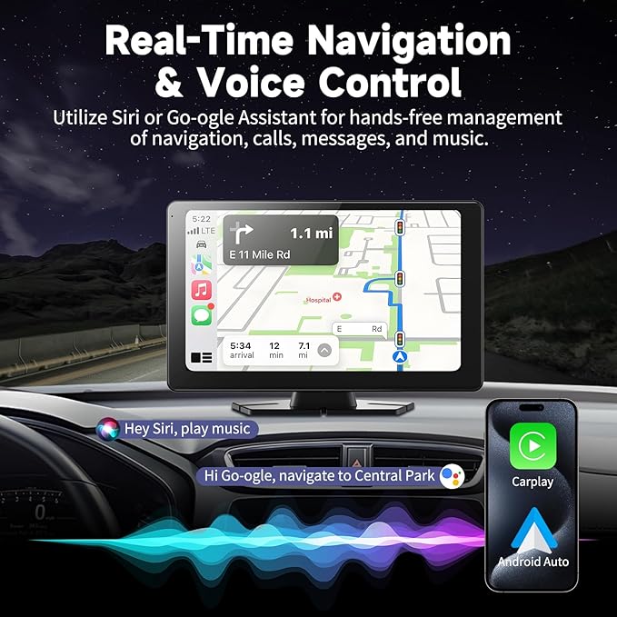 Carplay Screen for Car, 9" Android Auto Screen Compatible with A-pple Carplay, Portable Wireless Car Stereo Audio Receivers with Backup Camera, MirrorLink, Siri, BT, AUX, Navigation for All Vehicles