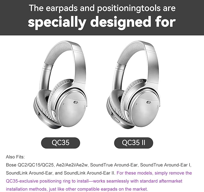 Replacement Earpads Cushions for Bose QuietComfort35&35ii(QC35 II & QC35) Silver Headphones - Professional Positioning Tools Included, Noise-Isolating Memory Foam & Breathable Leather (Grey)