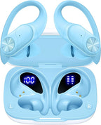 PocBuds Bluetooth Headphones Wireless Earbuds 80hrs Playtime Wireless Charging Case Digital Display Sports Ear Buds with Earhook Deep Bass IPX7 Waterproof Over-Ear Earphones for TV Phone Laptop Blue
