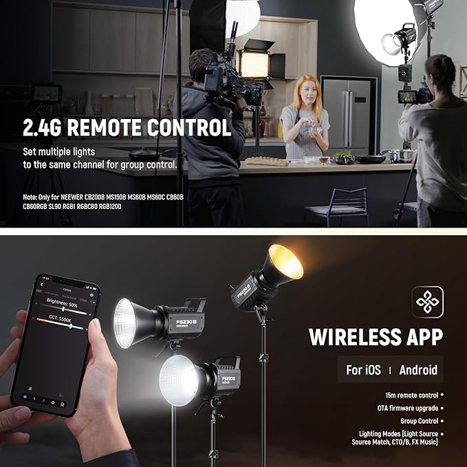 NEEWER FS150B LED Video Light 2.4G/APP Control,130W Bi Color COB Silent Photography Continuous Output Lighting with 4 Types Precise Dimming, 72000lux/1m, 2700K-6500K, CRI 97+,12 Effects, Bowens Mount