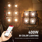 GVM 400W Bi-Color Video Light with 2700–6800K Range Delivers up to 68700lux/1m Studio Lights Photography Lighting Flathead Design Supports Stackable 4-6 Light arrays for scalable high-Output Systems