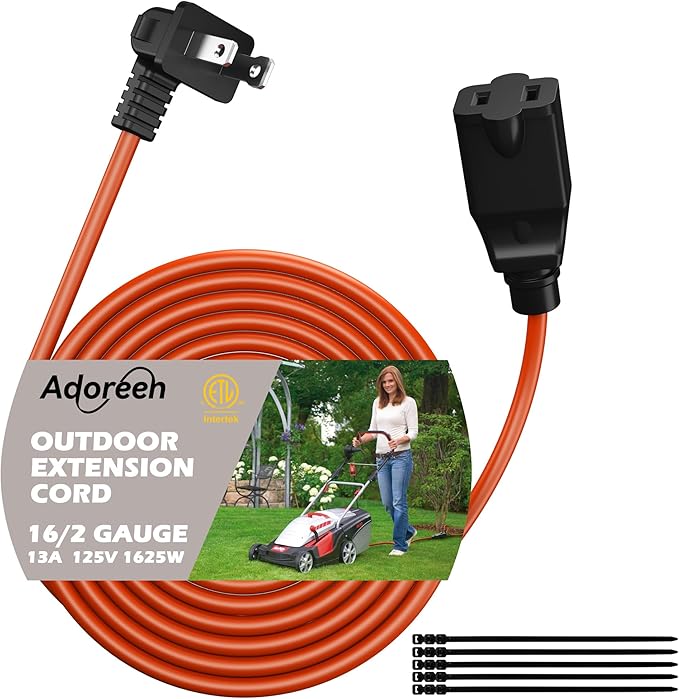 90 Degree 2 Prong Polarized Outdoor Power Extension Cord 50 FT, Angled Low-Profile Plug, 16 Gauge 125V SJTW Waterproof Long Cable for Home Office Lawnmower Garden Tools Lights, ETL+Ties-Bright Orange