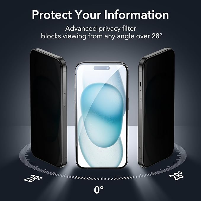 ESR 3+1 Pack for iPhone 15 Plus Privacy Screen Protector Set, Anti-spy Tempered-Glass Privacy Screen Protector, Micro-curved Edges, Case Friendly, 3-Pack with 1 Set of Individual Camera Lens Protector