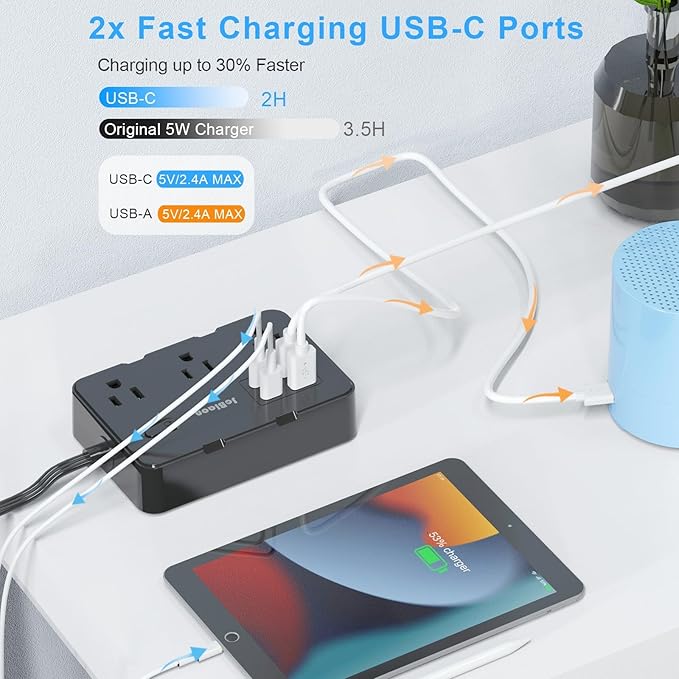 Flat Plug Power Strip Surge Protector, 5ft Ultra Thin Extension Cord with 4 USB Wall Charger(2 USB C Port), 6 Widely-Spaced Outlets Power Strip Compact for Travel, Office, Dorm Room Essentials (Black)