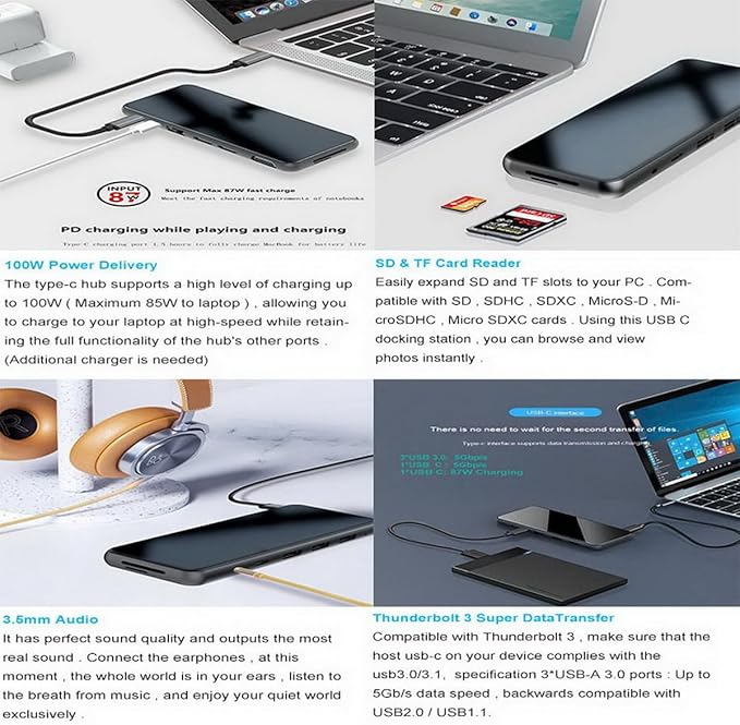 Generic 12 in 1 USB C Laptop Docking Station, Dual Monitor, 4K HDMI+VGA+USB3.0+SD/TF+PD 100W+Ethernet+Audio for Windows and Mac Laptops, Tablets, Smartphones