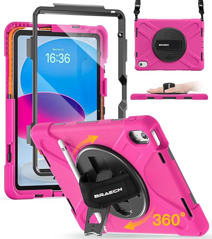 BRAECN for iPad (A16) 11th/10th Generation case 11/10.9 inch 2025/2022 Heavy Duty Shockproof Protective with Pencil Holder Screen Protector 360°Rotating Stand Handle & Shoulder Strap Full Body Cover