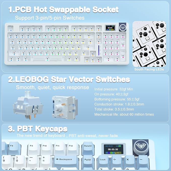 AULA S98 Pro Wireless Mechanical Keyboard,Smart Screen & Knob,Tri-Mode BT5.0/USB-C/2.4GHz Creamy Keyboard,Pre-lubed Linear Switches,Hot Swappable RGB Backlit Computer Gaming Keyboards