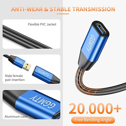 USB 2.0 Type A Male to A Female Active Repeater Extension Cable 50ft, High Speed 480 Mbps