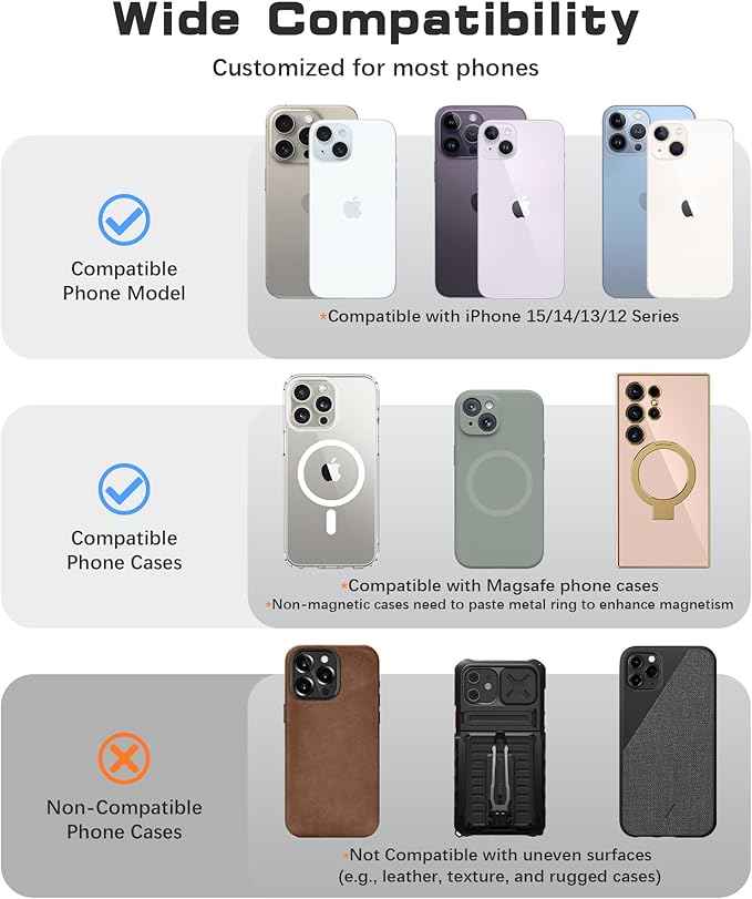 Magnetic Phone Grip, Removable Loop Grip with Soft Finger Strap, Silicone Phone Ring Holder for Back of Phone for iPhone 16/15/14/13/12 Pro Max/Plus, Black