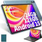 Android Tablet with Keyboard, Android 15 Tablet 10 inch with 24GB+128GB, 1TB Expand, 8-Core, 8000mAh, 5G WiFi, Widevine L1, GMS, with Case, Keyboard, Mouse, Stylus(Green)