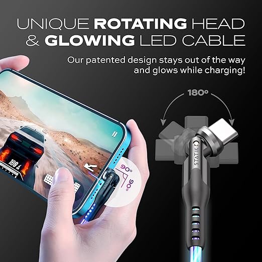 Statik 360 Pro Magnetic Charging Cable - Type C Charger Fast Charging 3 in 1 USB C to USB C Cable, Micro USB & iProduct Tips, USB A Adapter, Fits All Devices - 100W Fast Charger, GloBright 6FT/2M