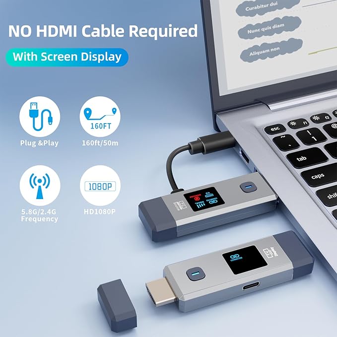 Wireless HDMI Transmitter and Receiver 165ft/50m for 4K Decode Input 1080P Output Plug&Play Portable 2.4G/5.8G for Video and Audio to Monitor from PC/Projector/TV Box, with Display Screen