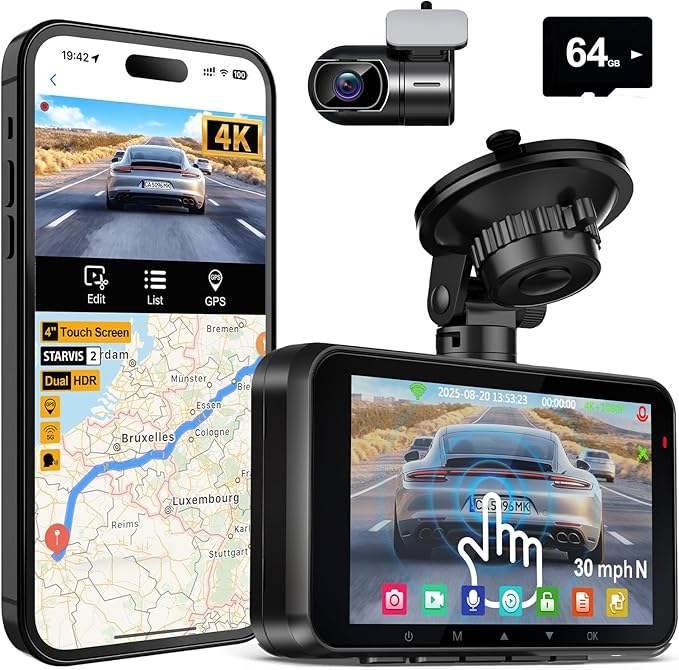4K Dash Cam Front and Rear STARVIS 2 IMX675 & IMX307 Dual HDR, 4" Touch Screen Dash Camera Built-in GPS 5G WiFi, Car Camera with 64G Card, Voice Control, Night Vision, Parking Mode V100-2CH