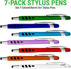 Stylus Pen for Touch Screens & Ballpoint Writing Pens, with Sensitive Stylus Tip - 2 in 1, Compatible for Your Touch Screen Devices - Assorted Barrel Colors, Black Ink, 7 Pack