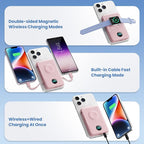 Magnetic Portable Charger 10800mAh with Built-in Cables, 6-in-1 Wireless Power Bank with iWatch Charger, 25W PD Fast Charging USB C Battery Pack for iPhone 16/15/14/13/12,Apple Watch(Pink)