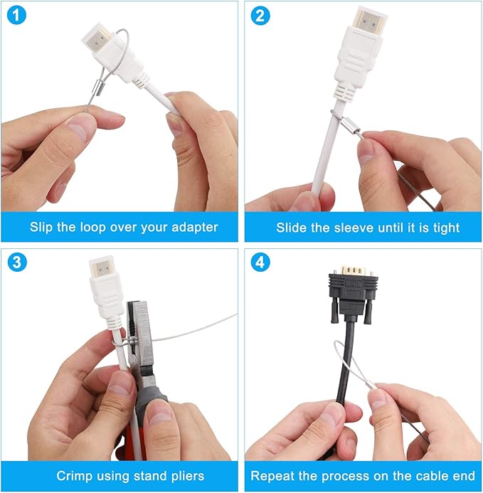 Cable Tethers 50 Pack with Crimping Tool (12 Inches, White Color), Adjustable Security Cable Look, Universal DIY Adapter Tethering Ties Kit for Computer Cord, Pre-Assembled, Tamper-Resistant