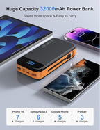 Portable Charger Power Bank 32000mAh with Built in Cables, PD3.0 USB C Fast Phone Charger, 5 Outputs LCD Display Travel Battery Pack Compatible with iPhone, Samsung All Cell Phones (Orange)