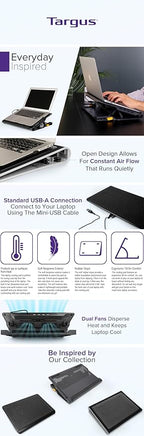 Targus Laptop Cooling Pad for Laptops up to 17-inches, Dual High-Speed Fans Chill Mat + 4-Port USB Hub Laptop Fan Cooling Pad for Work, USB Stand Cooling Pad for Gaming Laptop Cooling Fan (AWE81US)