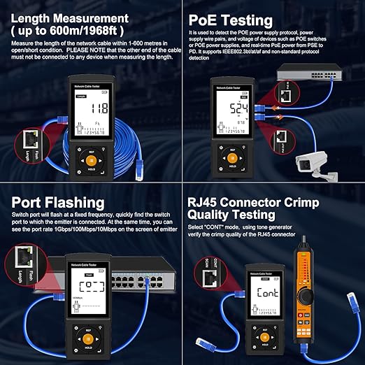 Rechargeable Digital Tone Cable Tester, WANLUTECH Tone Generator with Probe Support Optical Power Meter Visual Fault Locator PoE Test Cable Continuity Testing Port Flashing NCV (LT-300S)