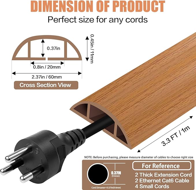 Floor Cord Cover Cavity 0.8"x0.37" Self Adhesive Cord Hider, 3.3FT Low Profile Cable Management, Extension Strip Protector for Wires, Prevent Cable Trips for Offices, Gyms, Exhibitions (Brown Wood)