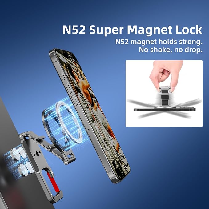 Magnetic Phone Mount for MagSafe, Maglock Tripod Adapter Magnet Golf Gym Workout Stand Metal Carabiner Holder with 1/4 Screw Hole, for iPhone 16 15 14 13 12 Series Foldable Portable Accessories