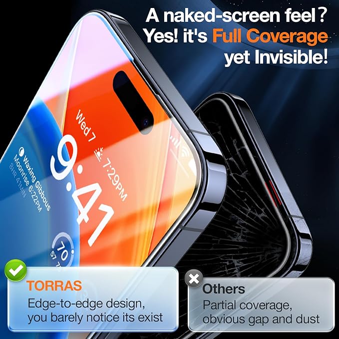 TORRAS Screen Protector for iPhone 2023 Diamond Shield Shatterproof Full Coverage, 6.7 inch, 2 Pack