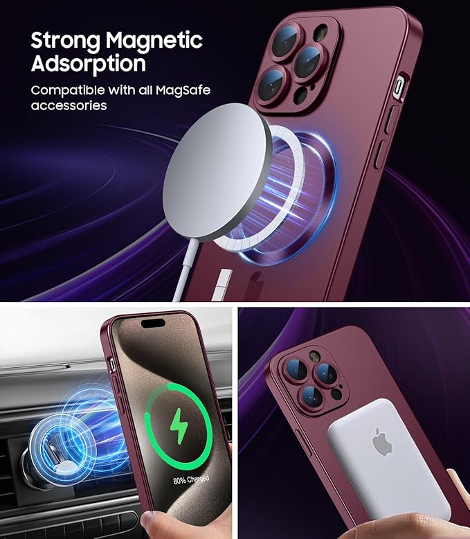 Magnetic for iPhone 15 Pro Max Case [Compatible with MagSafe][Built-in Camera Lens Protector] Slim Soft Silicone Bumper Shockproof Metallic Luster Phone Case (Burgundy)