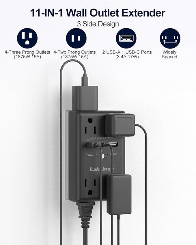 Black Wall Power Strip, 8 Way Outlets with 1680J Surge Protected, Multi Plug Wall Outlet with USB Ports, LED Indicator, 1875W Wall Mounted Surge Protectors for Dorm Room Office Kitchen