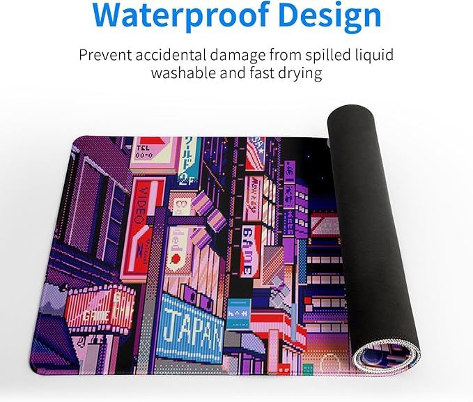 Dark Purple Japanese Gaming Mouse Pad Abstract Anime Mat 31.5x11.8 Inch Tokyo Pixel Street Texture Non-Slip Rubber Base Kawaii Mousepad Stitched Edges Keyboard Desk Pad for Office and Home Game