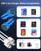 iPhone Car Charger Fast Charging,iPhone 16 Car Charger 2PACK Dual USB C PD3.0 Port CarCharging Adapter and USB C to C Braided Nylon Charging Cable Compatible with iPhone 16/16 Pro Max/15/iPad（Blue）