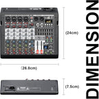 Audio Mixer, 6-Channel Professional DJ Mixer with 99-Bit DSP Effects, 7-Band EQ, 48V Phantom Power, MP3/Computer Input - Studio Audio Mixing Console for Recording & Live Performances