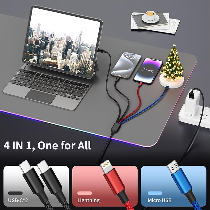 Travel Essentials, Dual Type-C 4 in 1 Multi Charging Cable for Multiple Devices, USB Cables Universal Phone Charger Cord with IP/Micro/2 USB-C Port for iPhone16/15/14, Android Tablet Pad, 2Pack 5FT