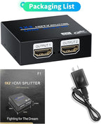 HDMI Splitter 1 in 2 Out 4K, 1x2 Powered HDMI Multi-Port Adapter for Dual Monitor, Support 4K UltraHD 3D HDR, Duplicate/Mirror Screens, Ideal for Xbox Ps5 Ps4 Ps3 Fire Stick Blu-Ray Player HDTV