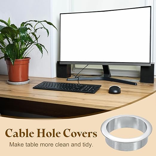 uxcell Desk Grommet, 2-3/16" (55mm) Zinc Alloy Cable Hole Cover Wire Cord Organizer with Marked Cable Ties for Home Office Desktop Wire, Silver Tone