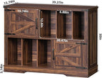 Large Record Player Stand with Vinyl Storage Up to 450 Albums, 39 Inch Farmhouse Brown Walnut Storage Cabinet with Barn Doors, Wood Vintage Mid-Century Turntable Stand for Bedroom, Living Room