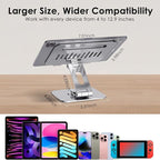 Tablet Stand for Desk, 360° Swivel for iPad Holder, Aluminum Adjustable Tablet Holder, Compatible for iPad Pro Air Mini Surface Pro Samsung Galaxy Tabs Kindle, 4-12.9 inch, Silver