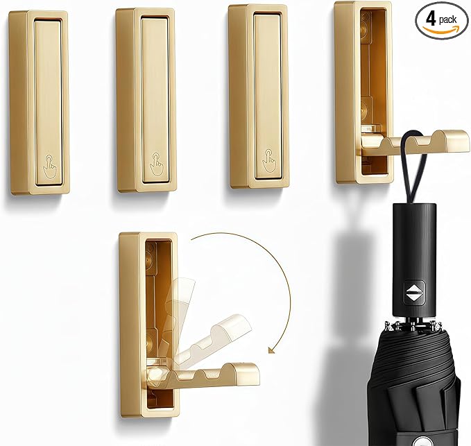 Folding Wall Hooks,4 Pack Rustproof Zinc Alloy Folding Coat Hooks,Heavy Duty Foldable Gold Wall Hooks for Hanging Clothes,Hat,Towel,Bathrobe,Key,Bag,Backpack (Gold)