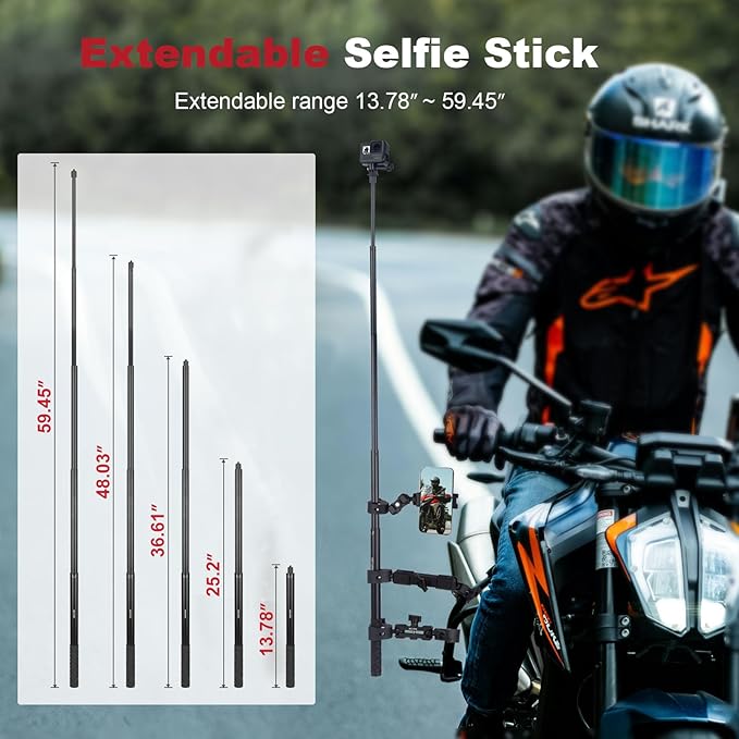 Motorcycle Ebike Mount kit for Insta360 X5, Bike & Golf Car Handlebar Clamp Mount and 59" Invisible Selfie Stick Bundle Kit, Super Clamp, Action Camera Adapter for GO2/3/3S/DJl, JC027