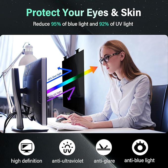 [2 Pack] Magnetic 22 Inch Computer Privacy Screen for 16:10 Aspect Ratio Widescreen Monitor, Hanging Eye Protection Anti Glare Blue Light Computer Monitor Privacy Filter, Removable 22in Protector Film